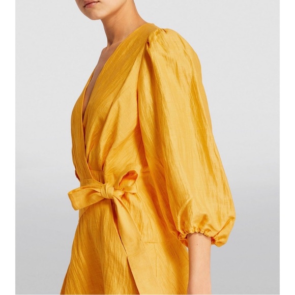 Maje Yellow Linen Blend Puff Sleeve Wrap Mini Dress Size EU36 XSmall（Size1） - Picture 6 of 8